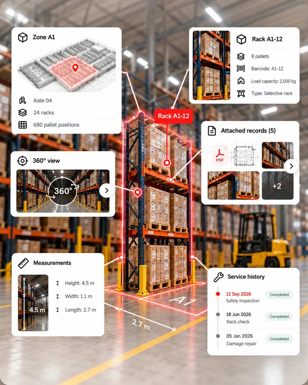 Warehouse pallet rack outlined in red in zone A1, linked to panels for zone details, rack data, a 360° view, attached records, measurements and service history