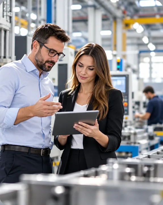 Two professionals review a tablet together on a bright manufacturing floor, with machining equipment and a worker in the background