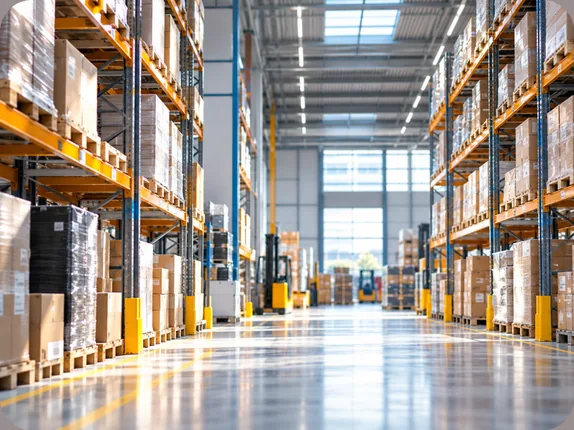Long aisle of a distribution warehouse with orange pallet racking stacked with boxed goods and forklifts at the far end