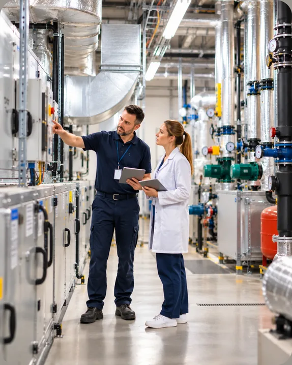 Technician in navy workwear points at an air-handling unit while a colleague in a white coat holds a tablet in a mechanical plant room
