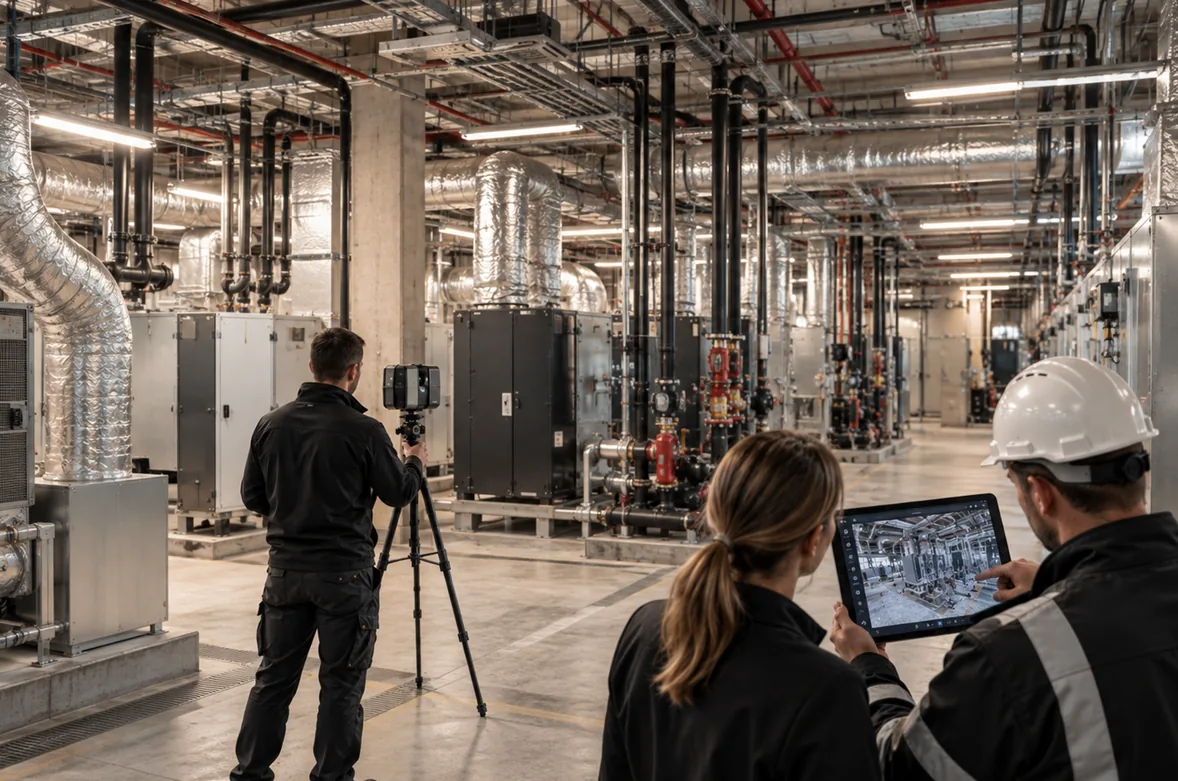 Scanner operator capturing a building plant room while a consultant and a technician review a digital twin on a tablet