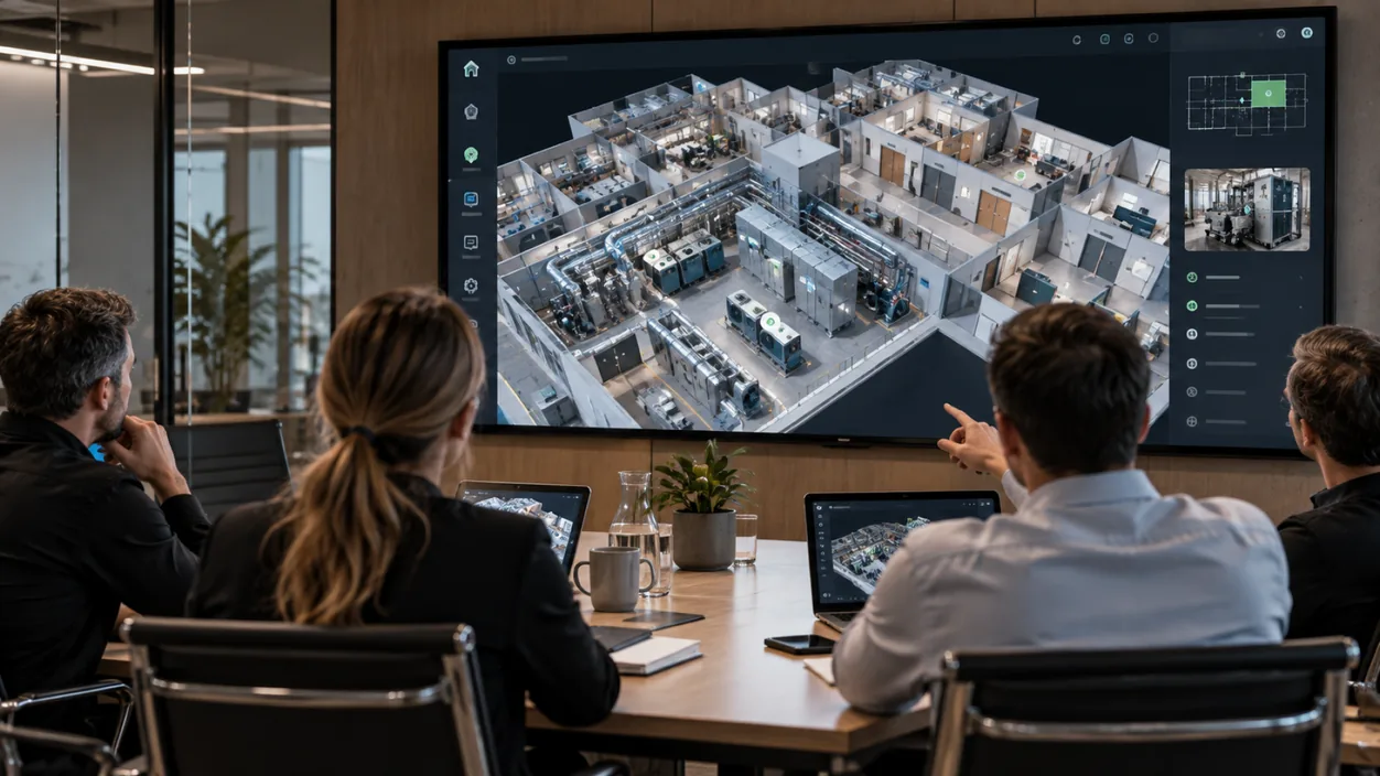 Consultants in a meeting room reviewing a navigable digital twin of a building on a large wall screen