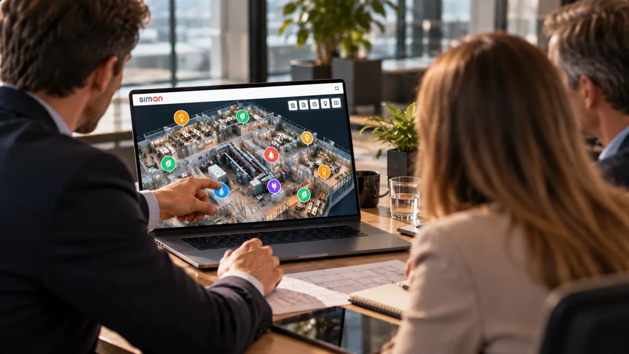 Partner presenting a SIM-ON 3D building view on a laptop to two clients at a meeting table