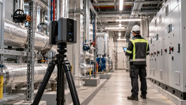 3D laser scanner on a tripod in a plant room while a technician in a hard hat checks a tablet