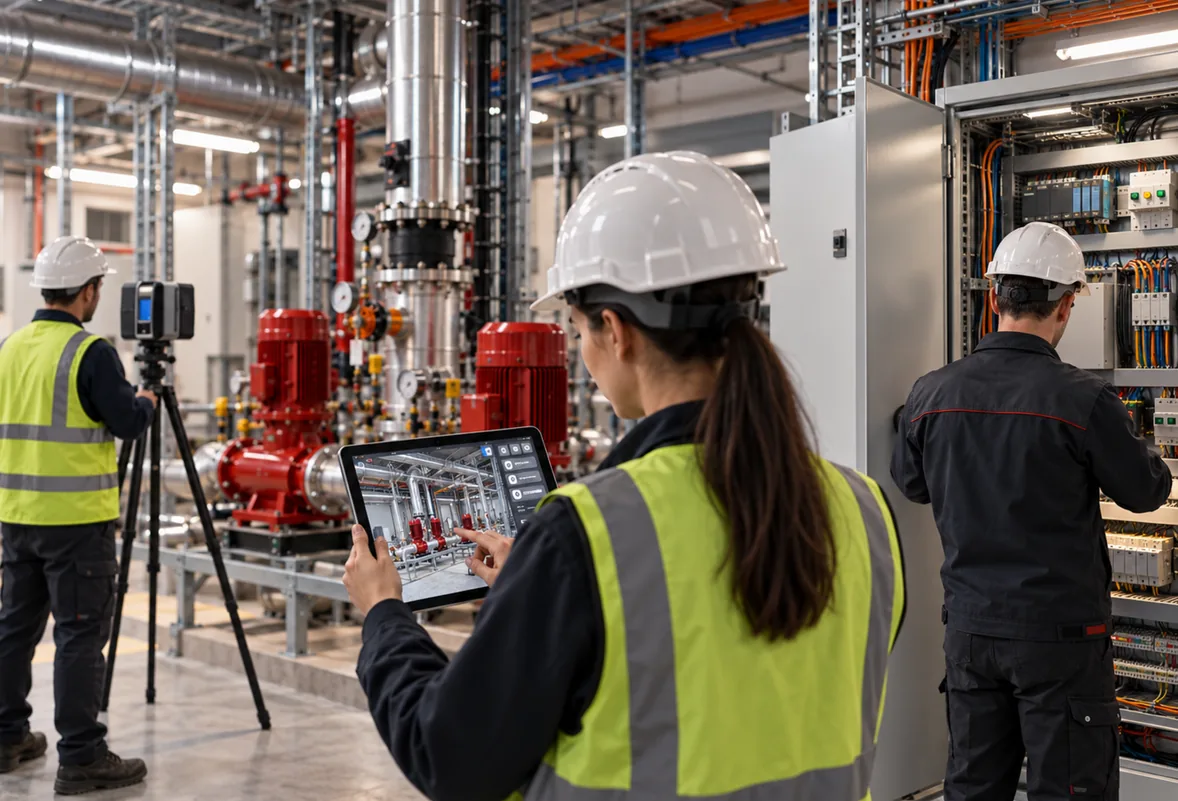Field team in a plant room: one worker laser-scans with a tripod, another checks a 3D model of the pumps on a tablet, a third works at an electrical panel.