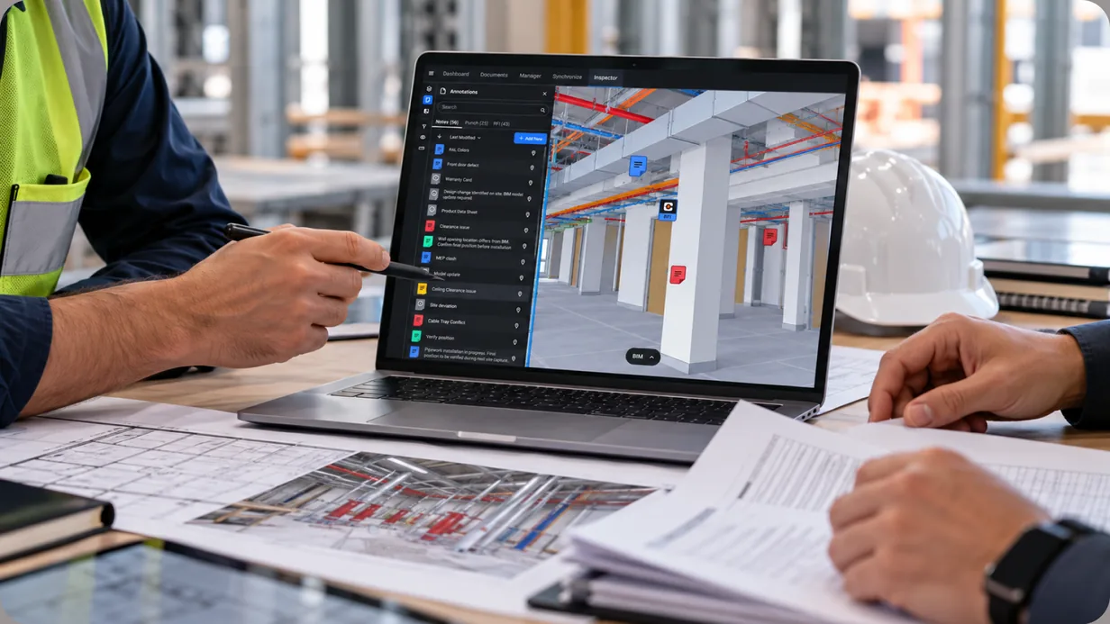 Two people review a laptop showing a 3D BIM model with annotation pins and a notes list, with drawings, documents and a hard hat on the desk.