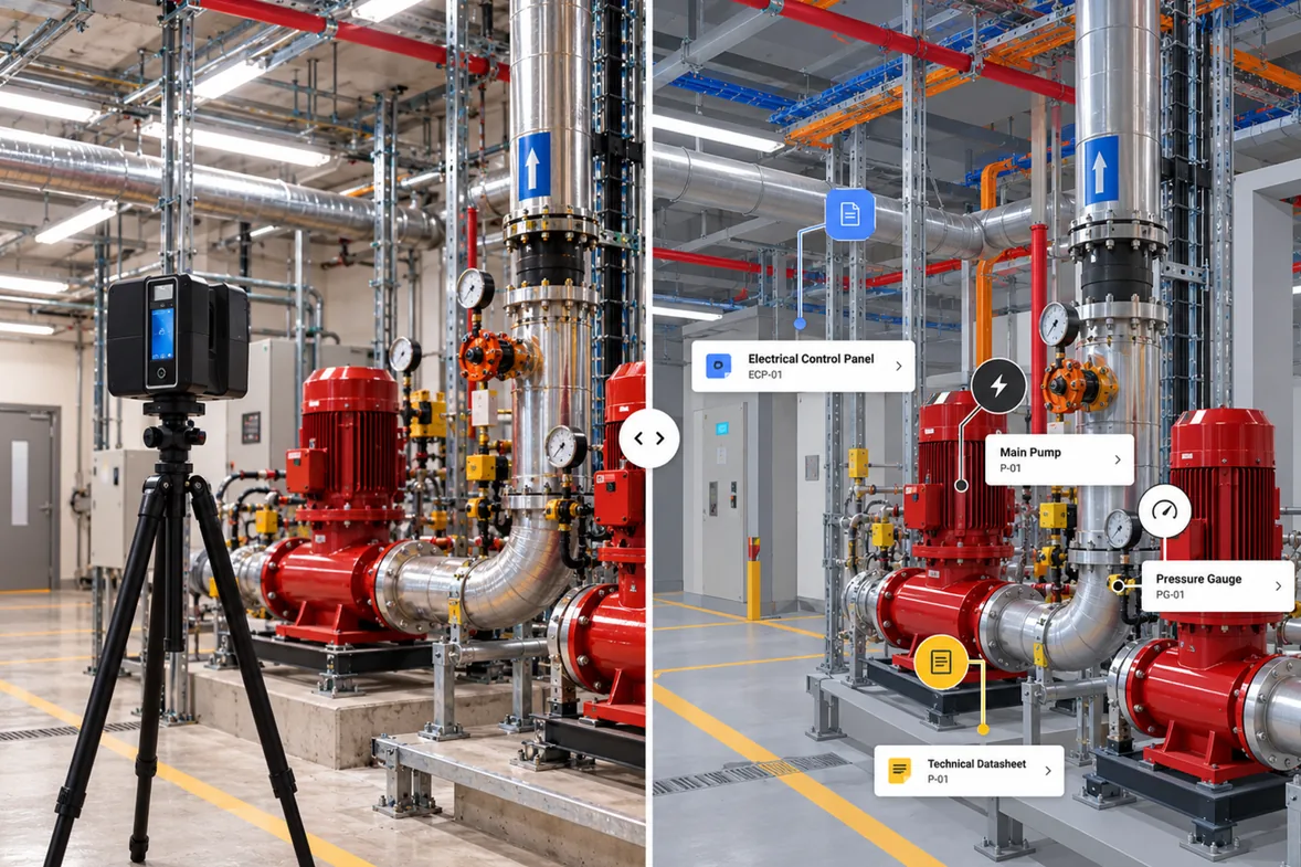 Split view of a pump room: a laser scanner on a tripod on the left, the same space as a digital twin with tagged pump, panel and gauge cards on the right.