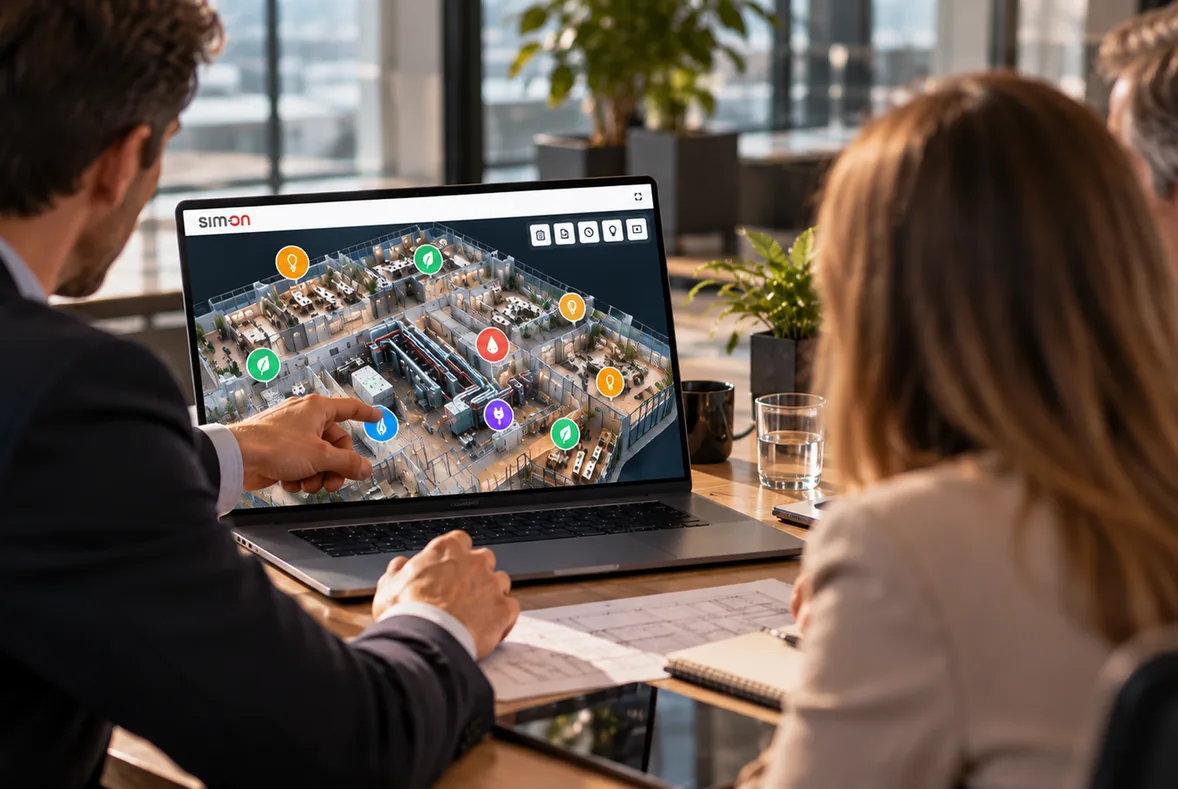 Partner pointing at a SIM-ON 3D building view on a laptop while clients follow along at a sunlit meeting table