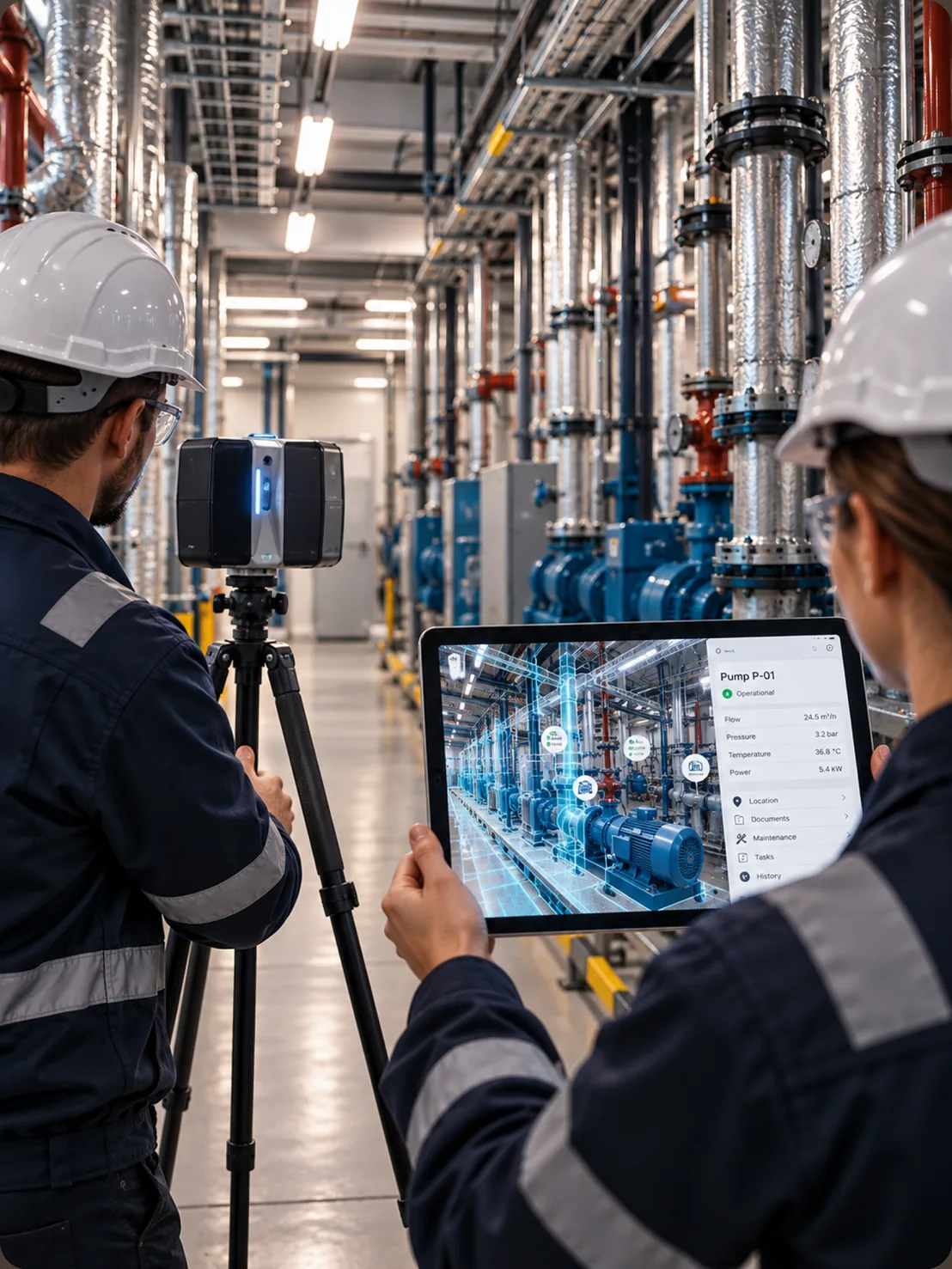 Two technicians in a pump room, one running a tripod laser scanner, the other viewing the pump's digital twin on a tablet
