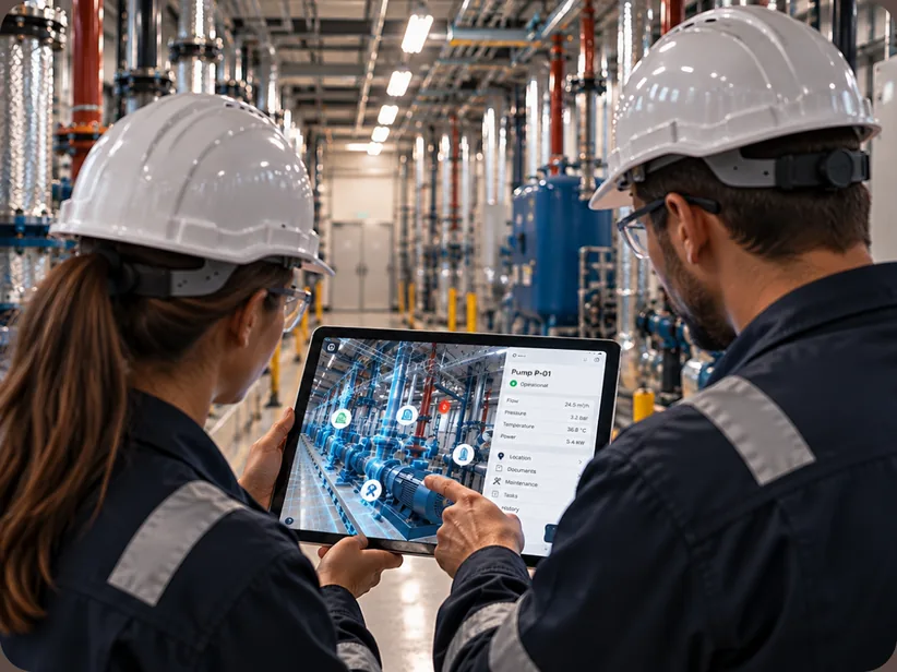 Two engineers in hard hats reviewing a pump's digital twin and asset details on a tablet in a plant room