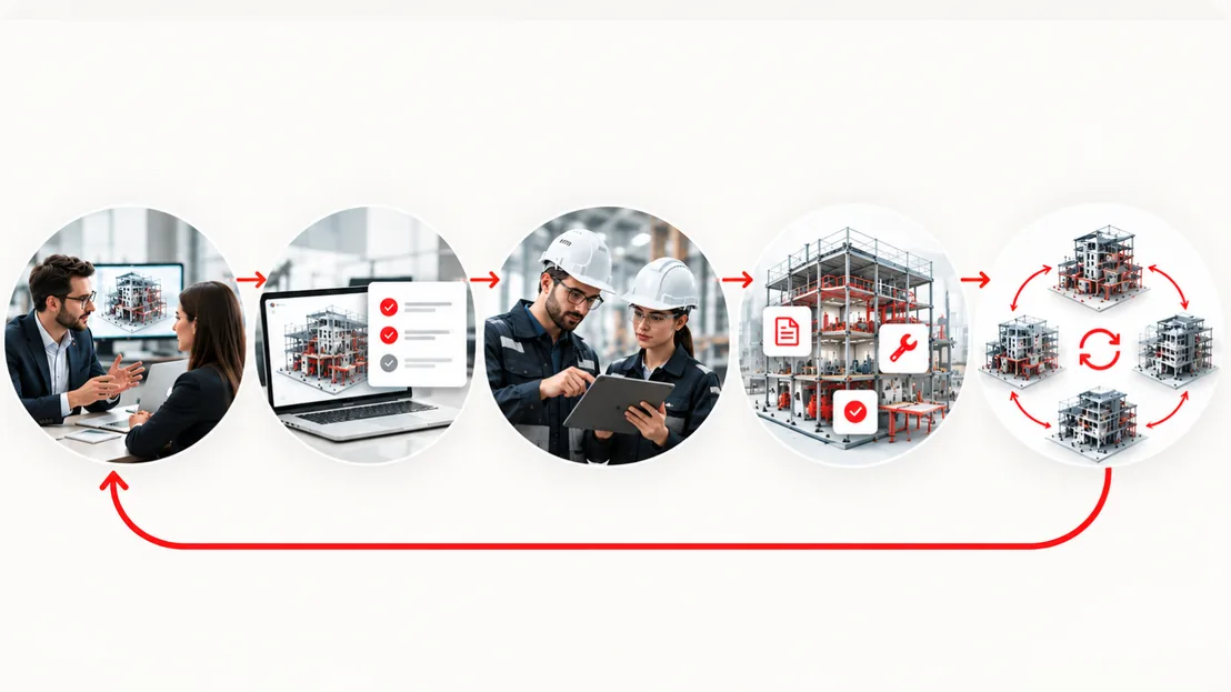 Five-step loop from client meeting and platform setup to on-site deployment, maintained twin, and repeated delivery