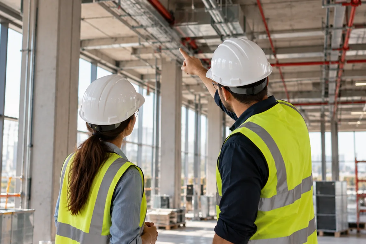 Consultant in a hard hat and hi-vis vest pointing out ceiling services to a colleague on an unfinished building floor