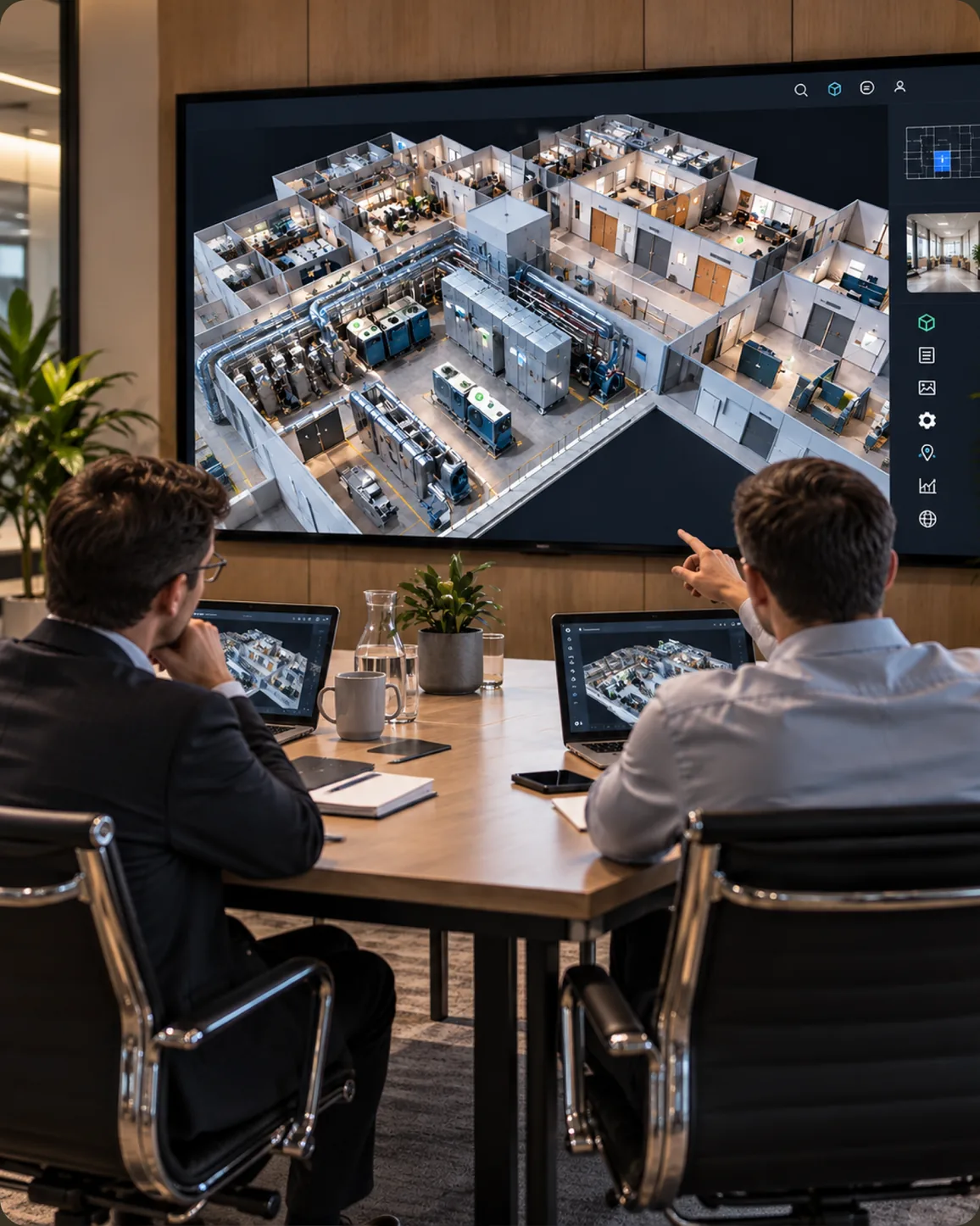 Two consultants at a meeting table reviewing a 3D digital twin of a building on a large wall screen