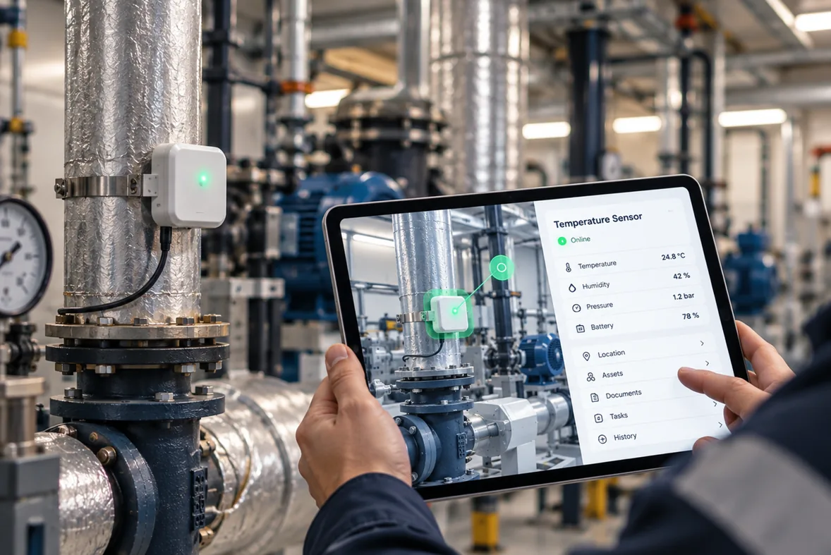 Wireless sensor on an insulated pipe beside a tablet showing the same sensor in a 3D twin with live temperature and humidity readings