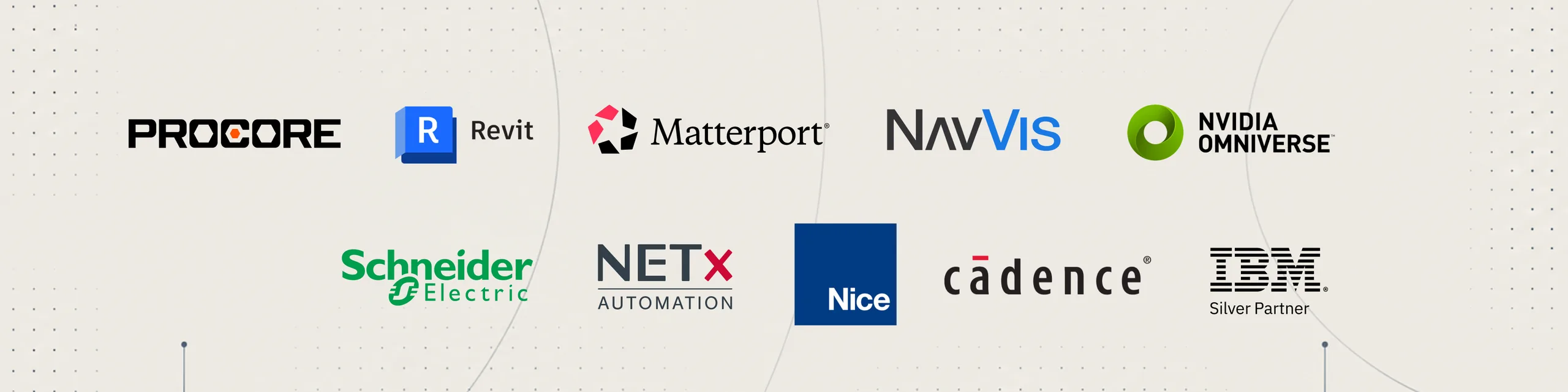 Logos of technology platforms including Procore, Revit, Matterport, NavVis, NVIDIA Omniverse, Schneider Electric, NETx, Nice, Cadence and IBM