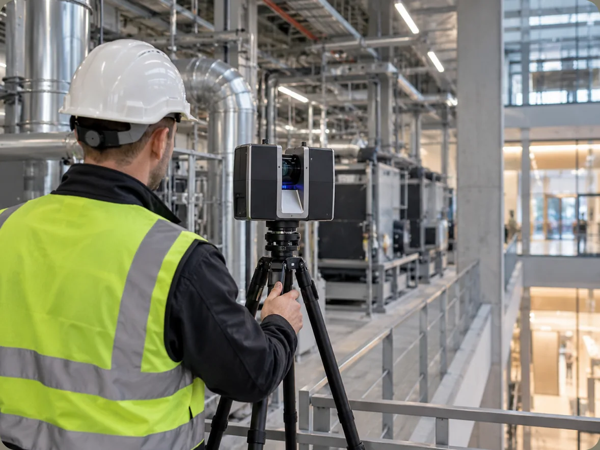 Technician in a hard hat and hi-vis vest operates a tripod-mounted laser scanner on a walkway beside plant-room ductwork and a glazed atrium.