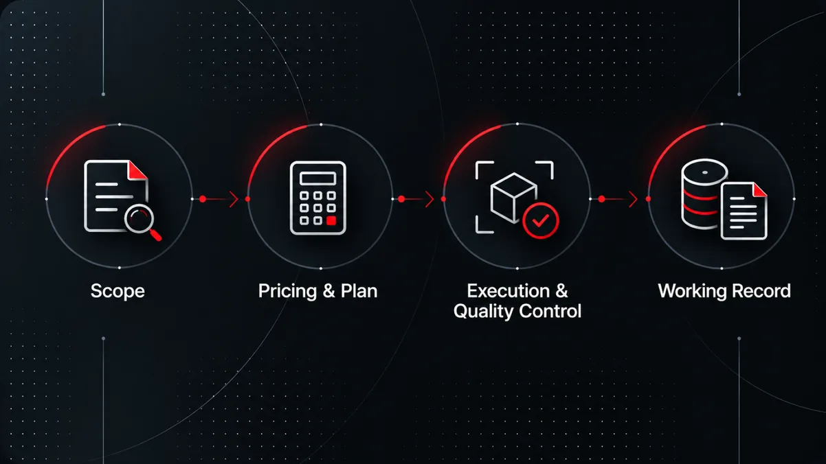 Four-step process diagram: scope, pricing and plan, execution and quality control, and a working record