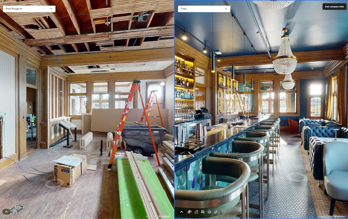 STAGES compare view of one interior in two states: on the left Post Rough-In, with open ceiling joists, a ladder and building materials; on the right Final, a finished bar with blue walls, chandeliers and leather seating.