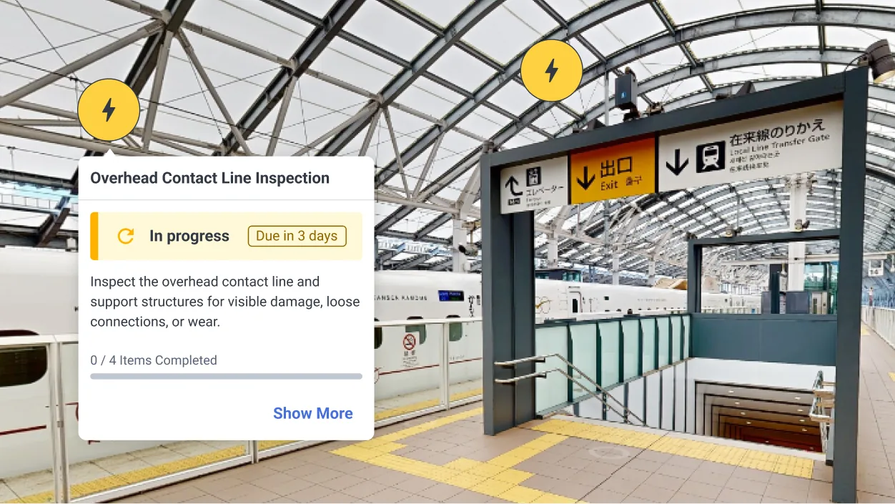 A JR Kyushu station concourse under a steel and glass roof, with a SIM-ON task card reading Overhead Contact Line Inspection, in progress, due in 3 days.