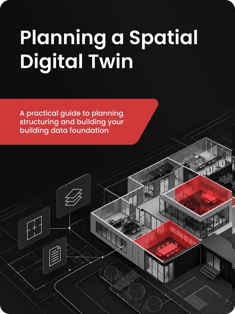 Cover of the guide Planning a Spatial Digital Twin, a practical guide to planning, structuring and building your building data foundation, over an isometric floor plan with two rooms highlighted in red.
