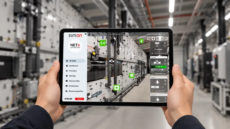 Hands hold a tablet showing SIM-ON with NETx Automation in an air handling unit room, with live readings from the plant's sensors and lamps.