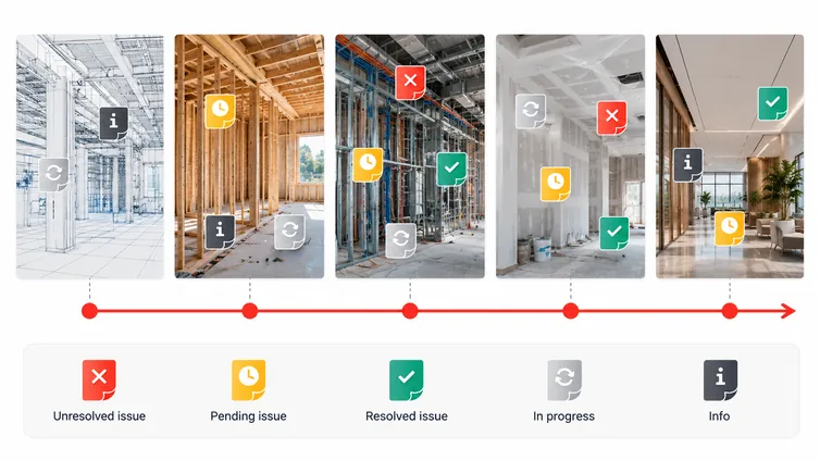 Five construction stages of one office, from bare structure to finished interior, along a timeline and tagged with issue markers: unresolved, pending, resolved, in progress and info.