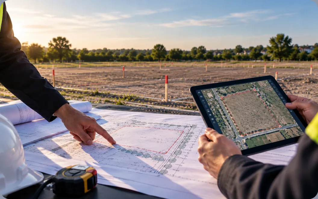 Hands reviewing a printed site plan and a tablet aerial view beside an empty, staked building plot at sunset