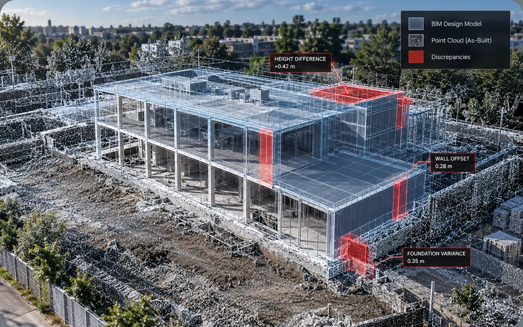 Illustrative aerial view of a BIM design model overlaid on a point cloud of a building site, with discrepancies marked in red