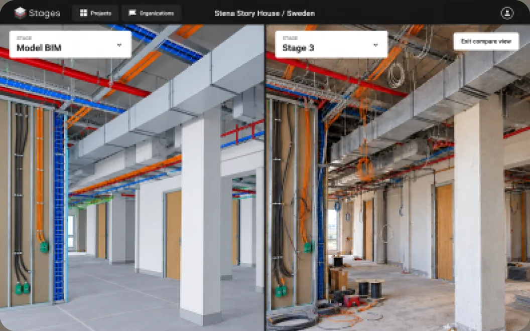 Illustrative STAGES split-screen view comparing the BIM model with a captured construction stage of the same office floor
