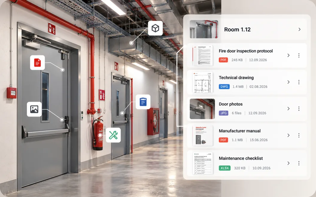 Illustrative handover view of a fire-door corridor with evidence pins linked to a Room 1.12 panel of inspection, drawing, photo and manual files