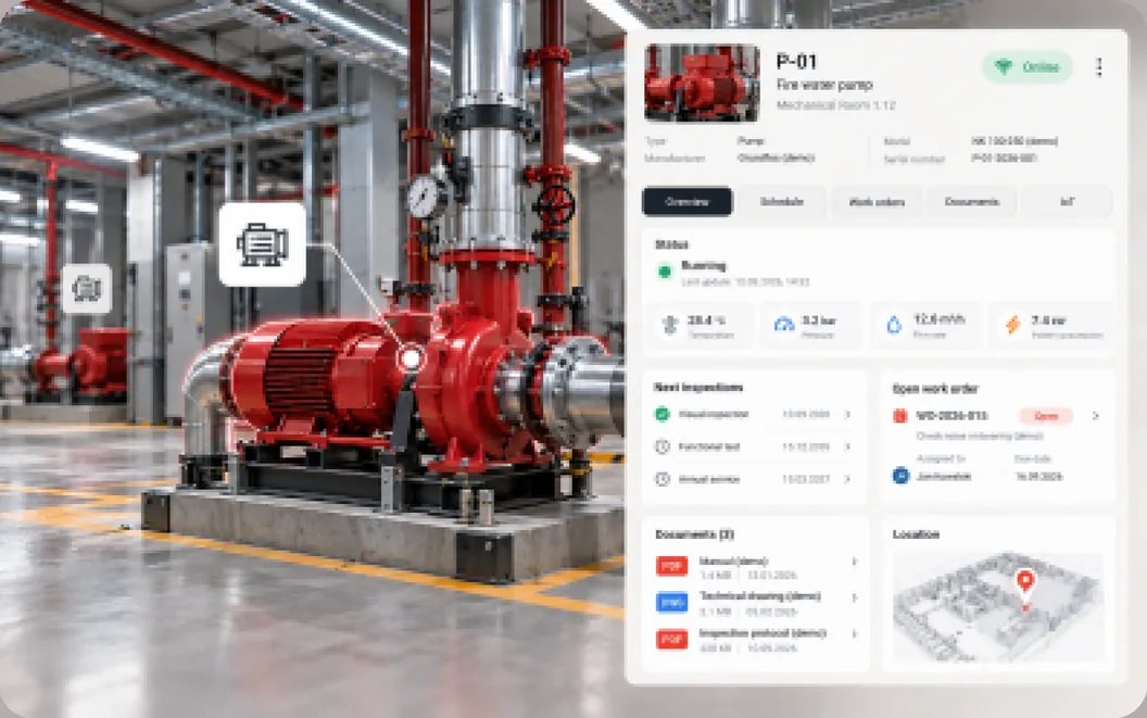 Illustrative SIM-ON asset panel for fire water pump P-01 in a plant room, showing live status, sensor readings, inspections, a work order and documents