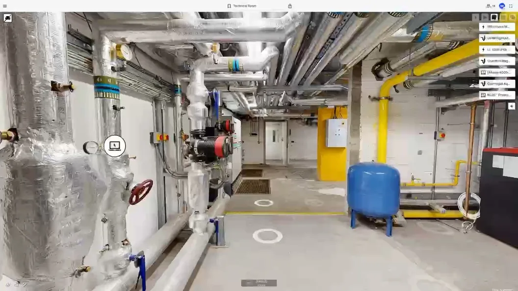 SIM-ON 3D walkthrough of a technical room: insulated pipework with a red handwheel valve, circulation pumps, a blue expansion vessel and yellow pipework, with an equipment tag beside a pressure gauge and a list of tagged equipment on the right.