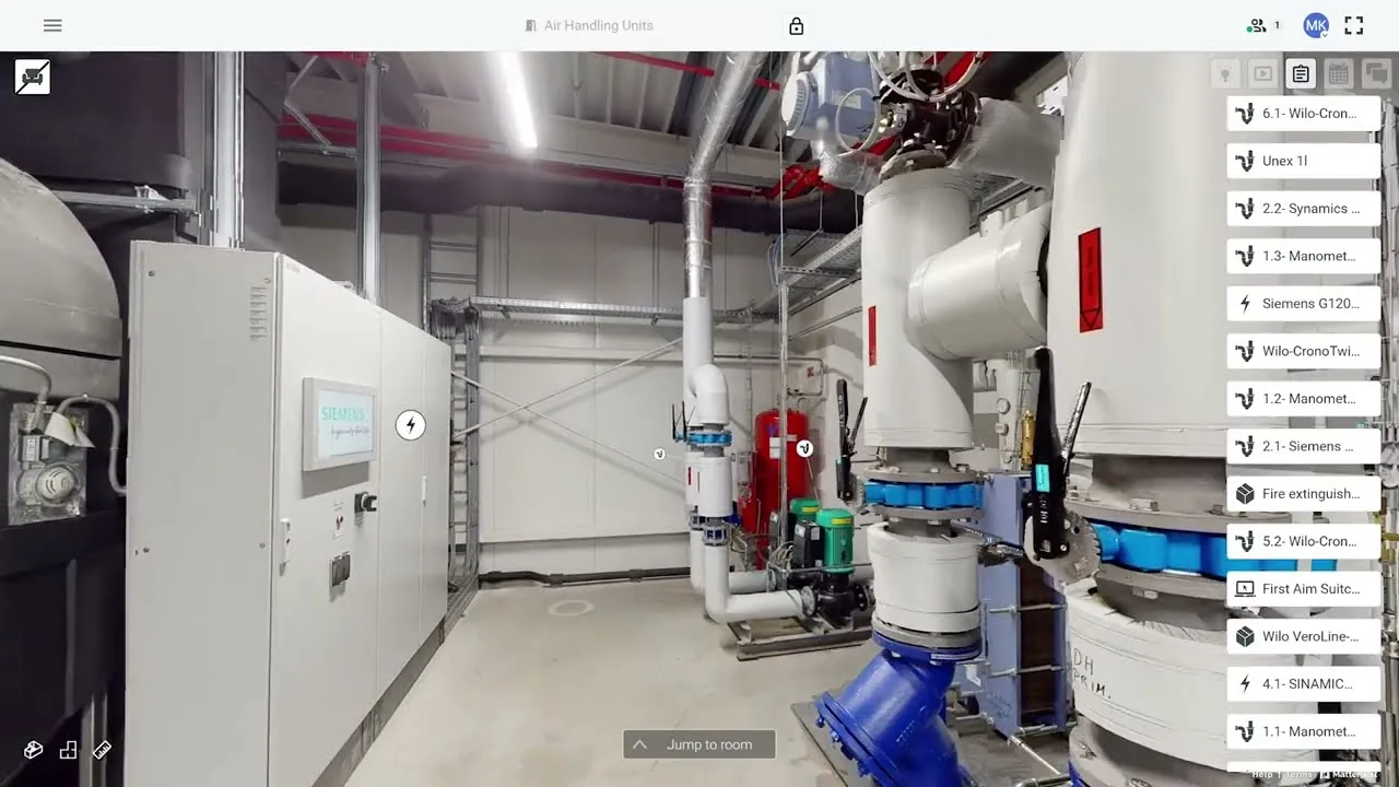 SIM-ON 3D scan of a plant room with air handling units and pumps, and the room's asset list down the right side.