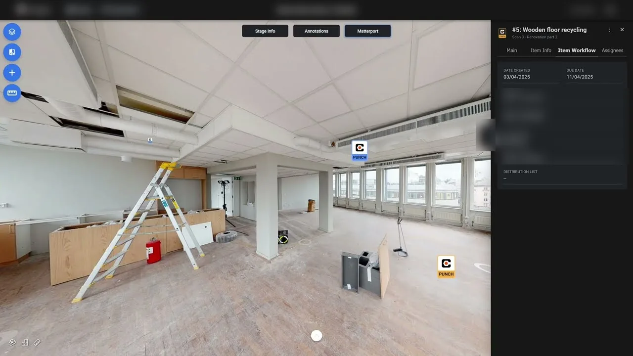 STAGES over a Matterport scan of an office floor under renovation, with Procore punch markers in the space and the record of punch item 5, Wooden floor recycling, open beside the view.