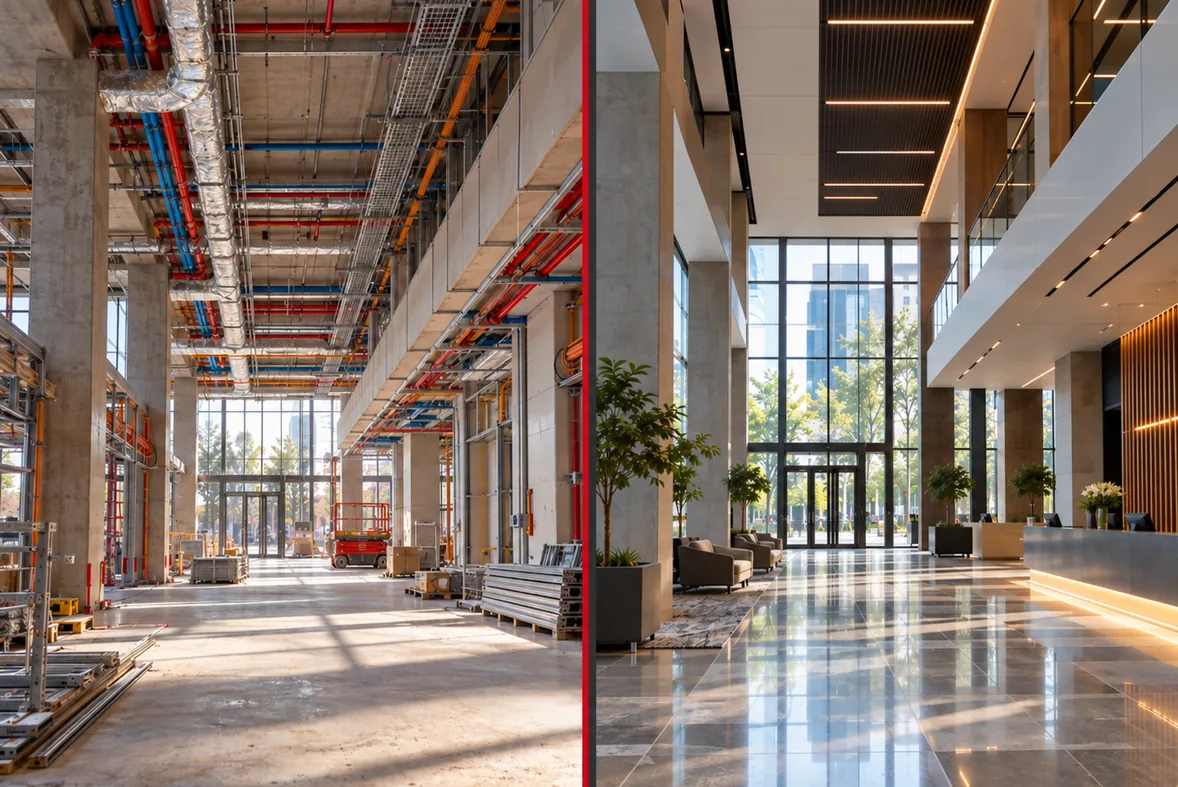 A building interior under construction with exposed services, shown beside a finished lobby with a reception desk