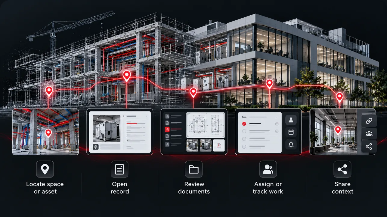 Five-step facility workflow over a building model: locate a space or asset, open its record, review documents, assign work, share context