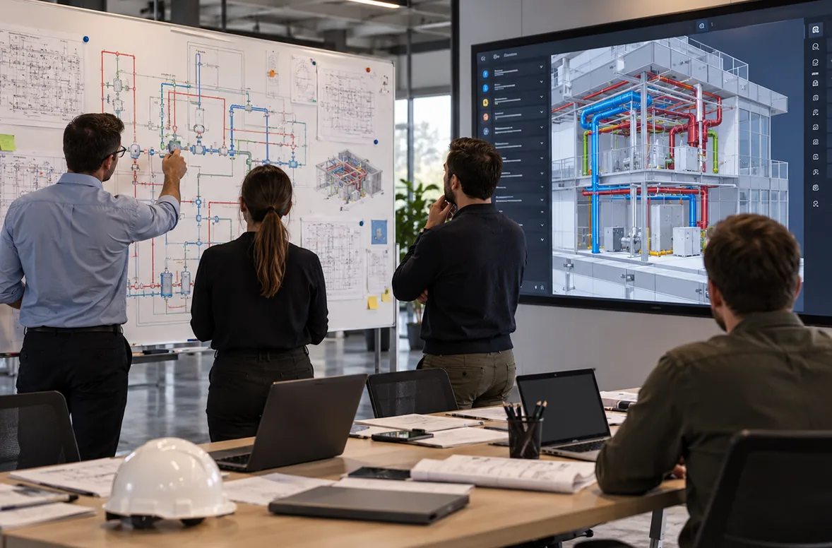 Technology team at a whiteboard of piping schematics beside a large screen showing a 3D model of building systems