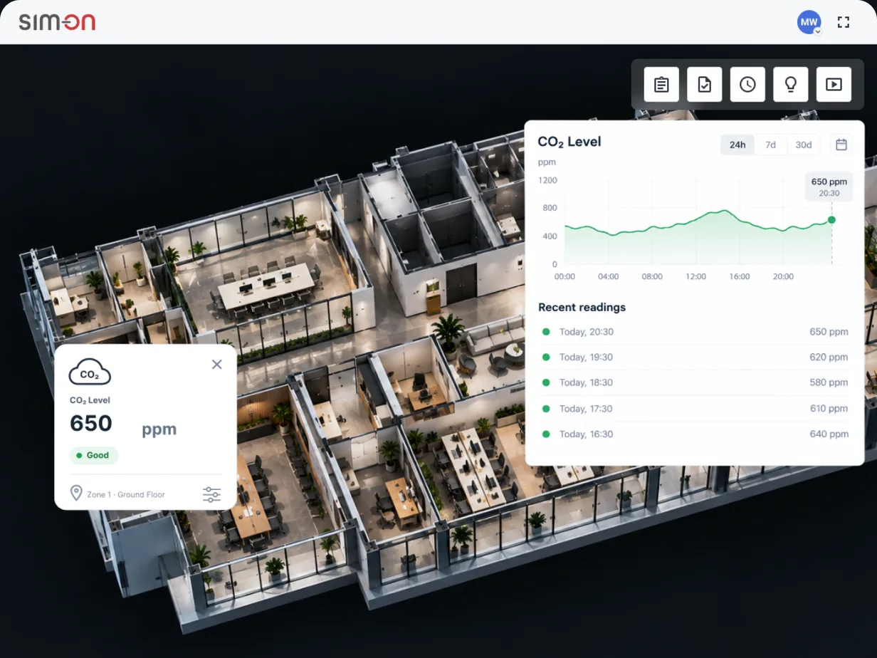SIM-ON 3D floor view with a CO2 level card for one zone and a panel showing a 24-hour CO2 chart and recent readings
