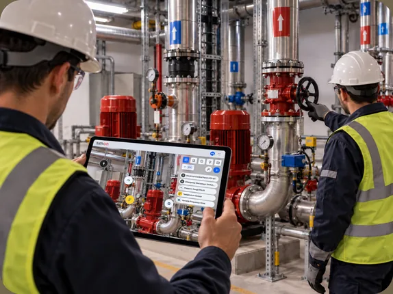 Two facility technicians checking pumps and pipework in a building plant room, one holding a tablet