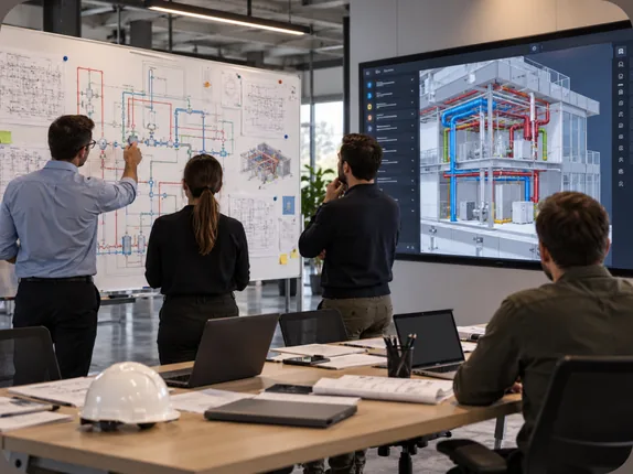 Technology team in a workshop mapping building systems on a whiteboard beside a 3D building model on screen