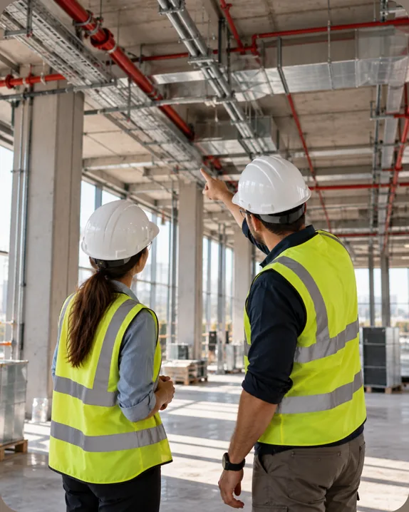 Two people in hard hats and safety vests on an open building floor, one pointing up at exposed ducts and pipework