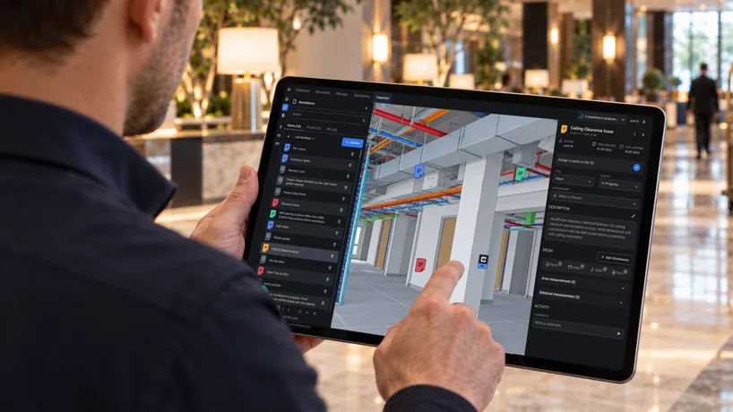 Building owner in a hotel-style lobby reviewing a 3D building model with annotations on a tablet