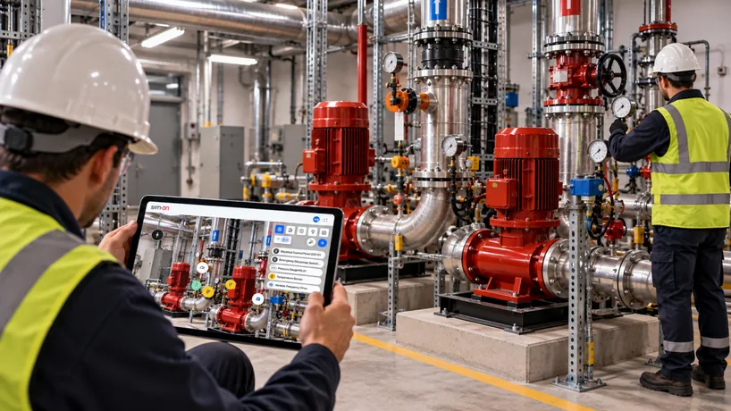 Facility technicians with a tablet among pumps and pipework in a plant room