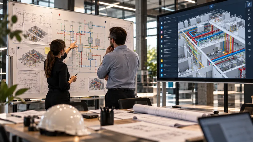 Technology team discussing a systems diagram next to a 3D building model on a large screen